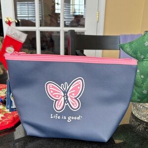 Life Is Good Navy and Pink Spacious Cosmetic Bag Vinyl Leak Deterring NWT